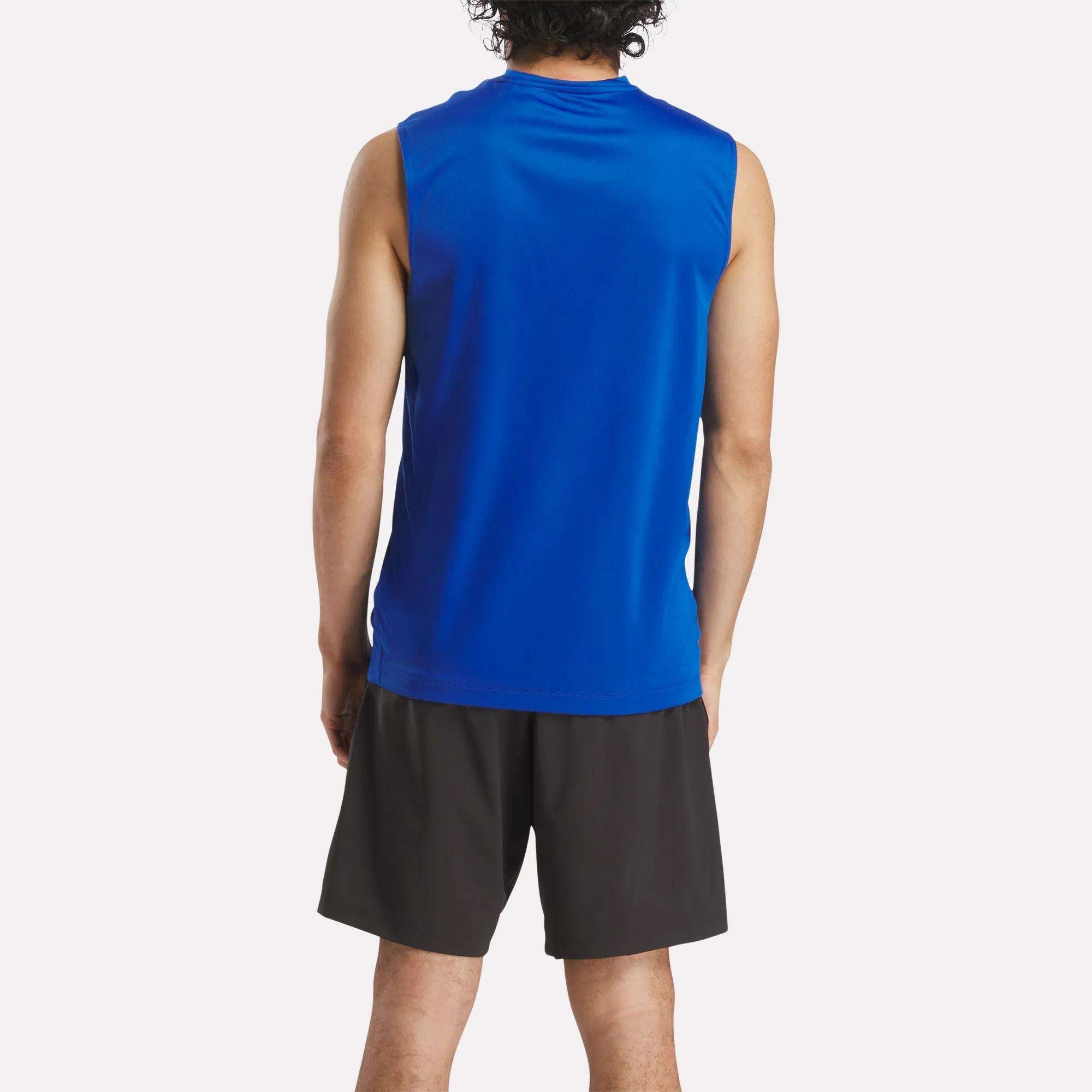 A person is facing away from the camera, wearing the Reebok Men's Train Sleeveless Tech Tee in blue with black shorts against a plain white background.