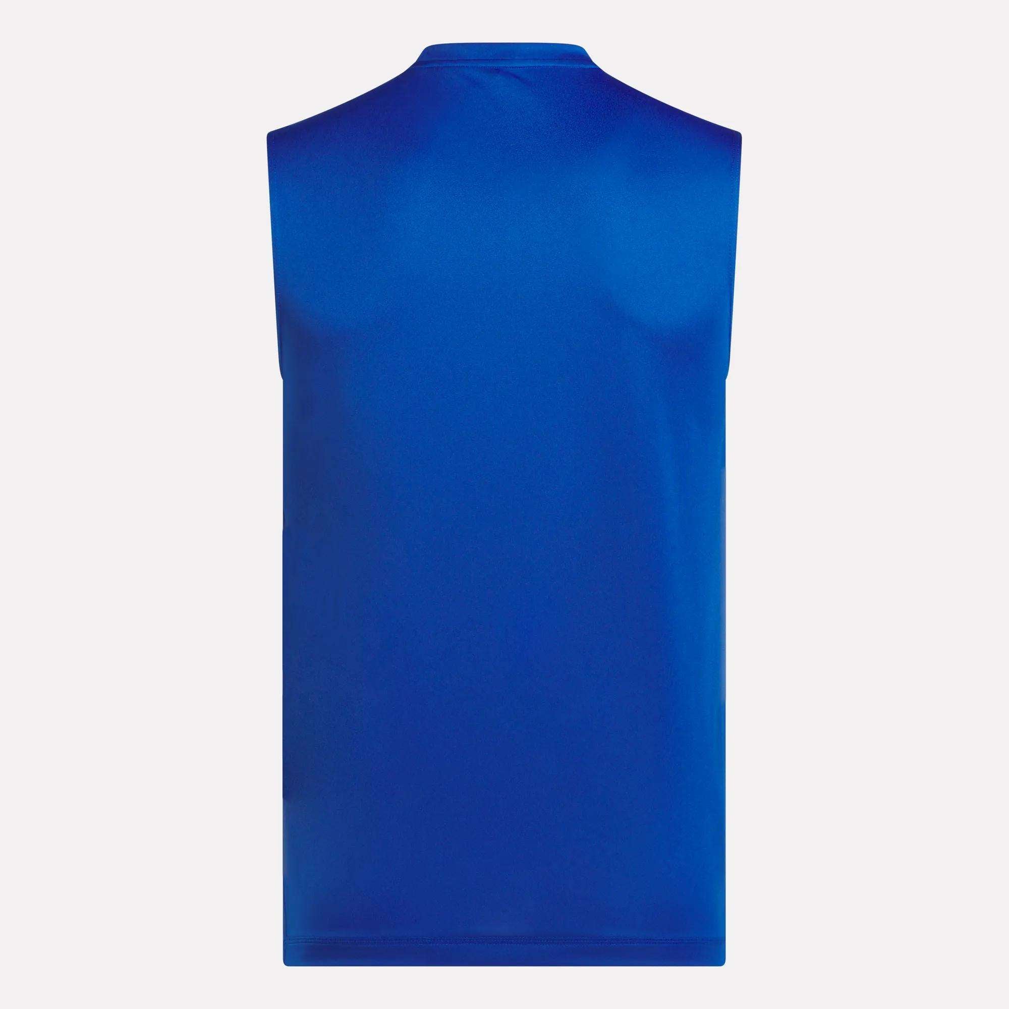 The Reebok Men's Train Sleeveless Tech Tee, shown from the back in solid royal blue, features lightweight polyester jersey and is set against a plain white background.