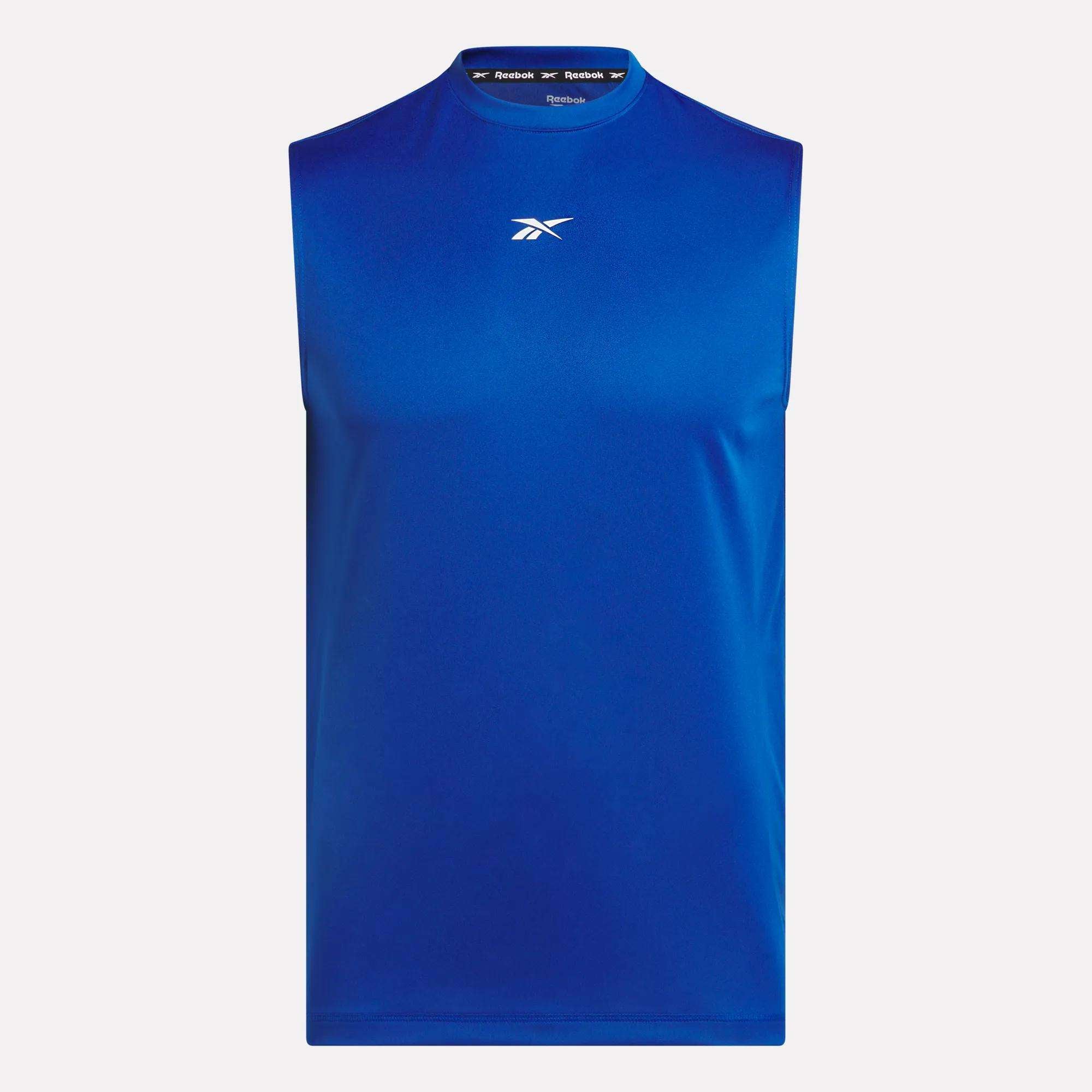Reebok Men's Train Sleeveless Tech Tee in solid royal blue, made from lightweight polyester jersey with a small white Reebok logo on the chest, shown against a plain light background.