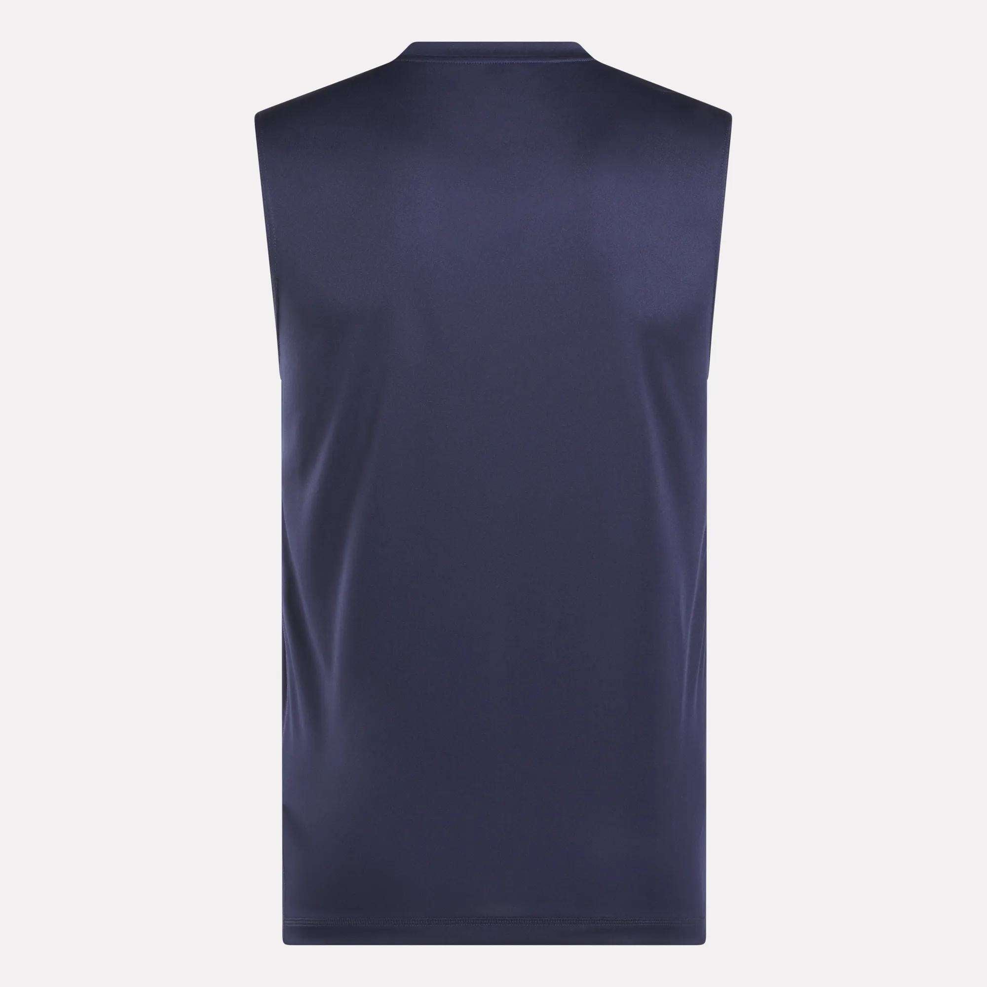 The Reebok Men's Train Sleeveless Tech Tee is shown from the back in navy blue against a plain light background. This lightweight gym shirt features a smooth, simple design with no visible logos or patterns.