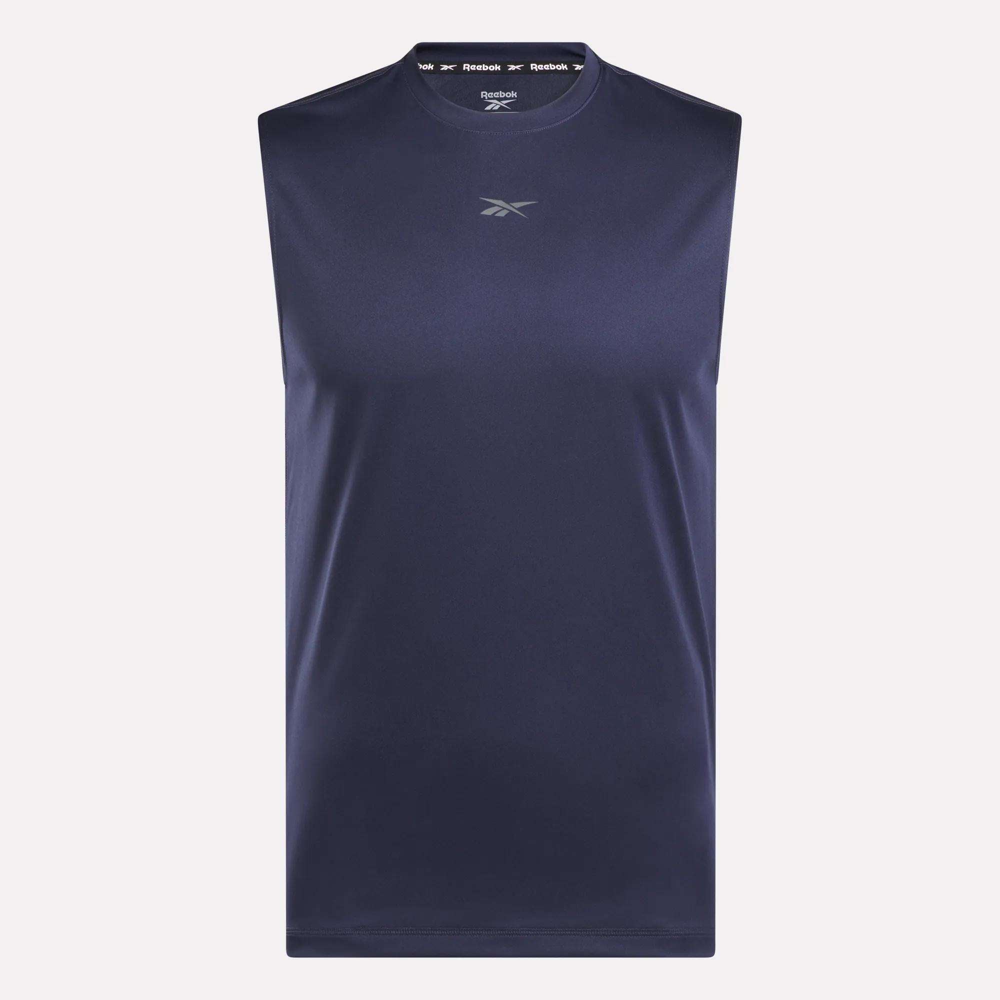 The Reebok Men's Train Sleeveless Tech Tee is a lightweight navy blue athletic shirt with a small chest logo, shown against a plain white background.