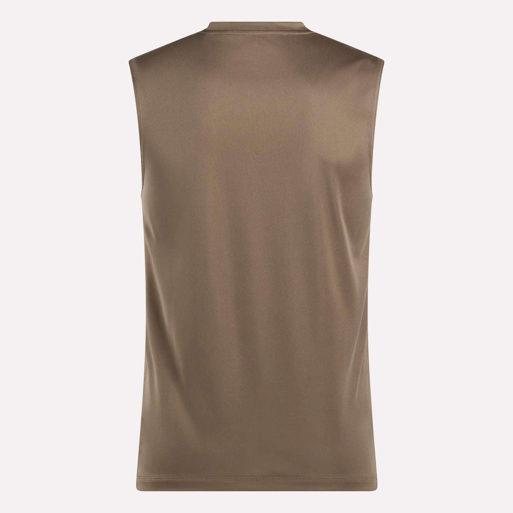 Back view of the Reebok Men's Train Sleeveless Tech Tee, made from lightweight polyester jersey with a smooth, slightly shiny finish and a simple straight hem.