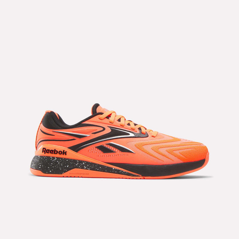 The Reebok Nano X5 Edge Training Shoes feature a bright orange design with black and white accents, a textured pattern, speckled sole, and brand logos on the side and heel, shown against a plain white background.