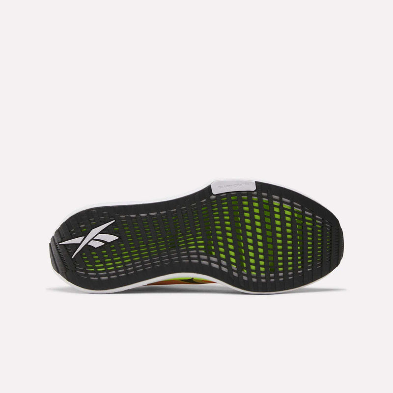 The image displays the black, green, and white outsole of the Reebok Men's FloatZig 2 Running Shoes with a grid-like tread and Reebok logo near the heel, designed for traction and comfort with Superfloat+ cushioning.