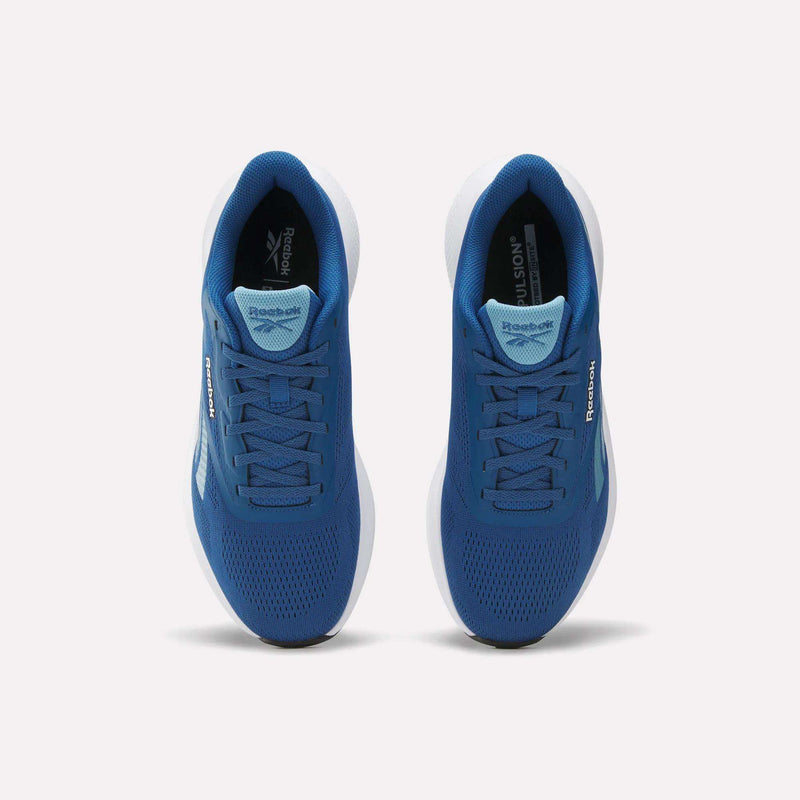 Top view of Reebok Men's Energen Run 4 Running Shoes with breathable mesh uppers, white soles, and visible Reebok logos on sides and tongues, shown side by side on a plain light background.