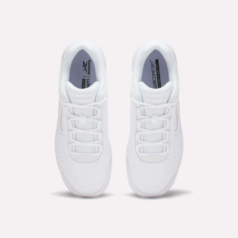 Top-down view of a pair of Reebok DMX Comfort+ Classic Shoes featuring a premium leather lace-up design.