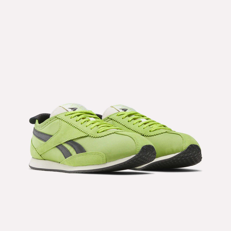 The Reebok R400 Shoes, featuring lime green uppers with black accents, dark gray logo stripes, white midsoles and tongues, and black outsoles, are displayed on a plain white background.