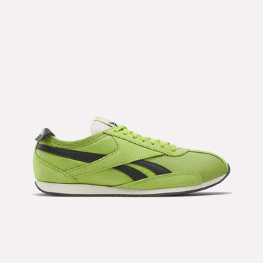 The Reebok R400 Shoes are bright green retro sneakers with black stripes, a white sole, and green laces, displayed in side profile on a plain white background.