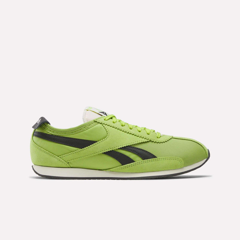 The Reebok R400 Shoes are bright green retro sneakers with black stripes, a white sole, and green laces, displayed in side profile on a plain white background.
