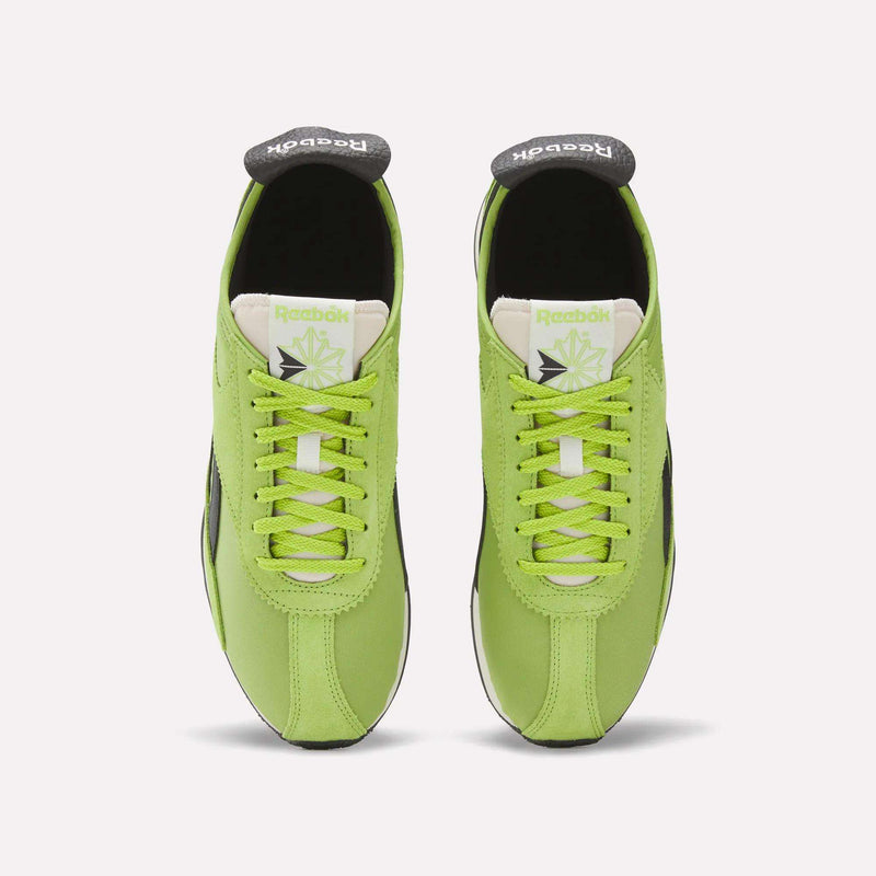 Top view of Reebok R400 Shoes in green with black accents, white soles, yellow laces, and the Reebok logo on the tongue and insole, displayed against a plain white background.