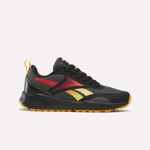 The Reebok Energen Running Shoes for little kids feature a black mesh upper with grey and sport red gradient detailing, complemented by a yellow outsole. Designed with a cushioned midsole for added comfort, these shoes display a large angled Reebok logo on the side and include a yellow heel pull tab. Set against a plain white background.