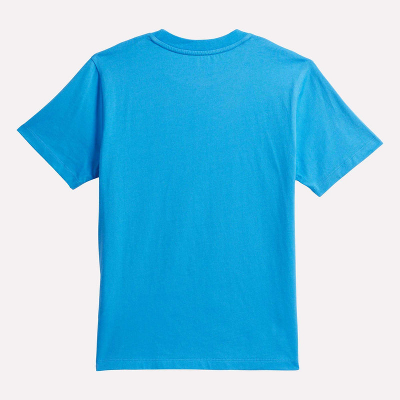 A Kids' ID Big Logo Tee by Reebok in bright blue, made from 100% cotton, is displayed laid flat with the back side up on a white background.
