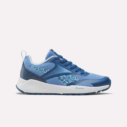 The Reebok Energen Running Shoes for little kids, shown in Athletic Blue, Peri Blue, and Glass Blue, feature a mesh upper with geometric side patterns, light blue accents, a white sole, and a cushioned midsole for enhanced comfort—making them an ideal choice for young runners. Displayed on a plain light background.