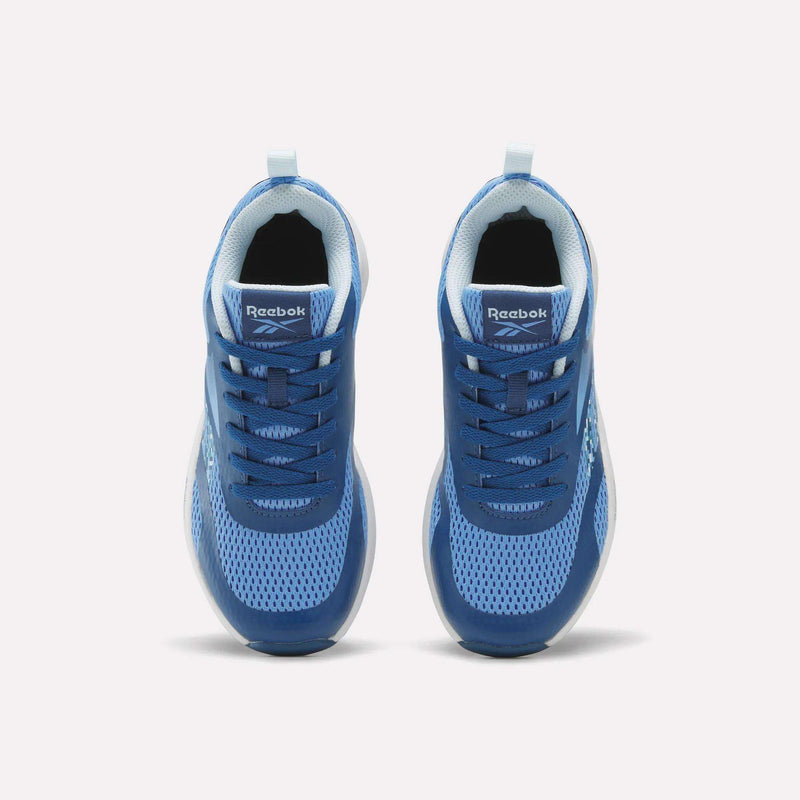 Top view of a pair of Reebok Energen Running Shoes for little kids, featuring blue mesh uppers, white soles, cushioned midsoles, and light blue accents, arranged side by side on a plain white background.