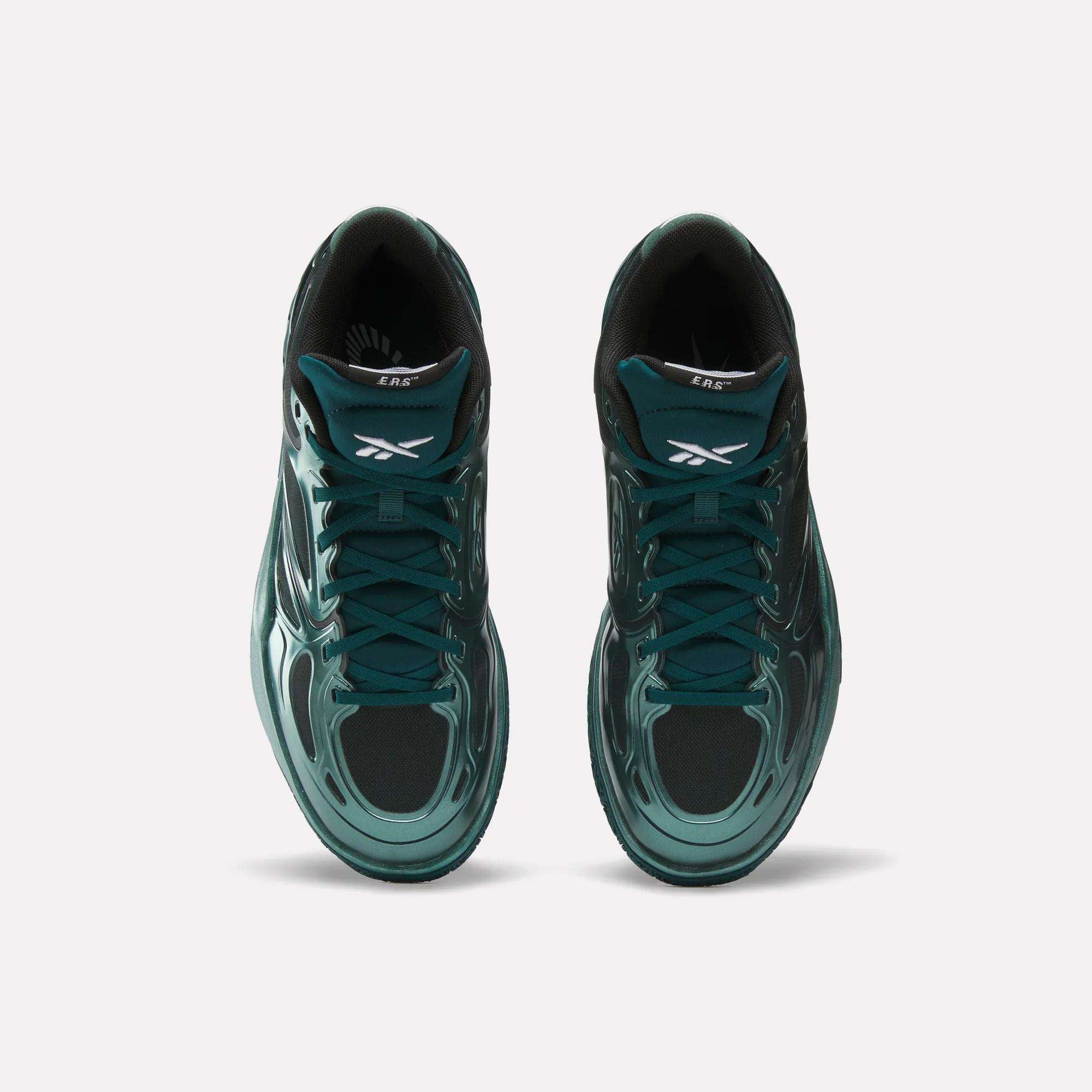 Top view of Reebok Engine A Basketball Shoes in green and black with teal accents, SuperFloat foam, and Reebok logo on the tongue, placed side by side on a light background.