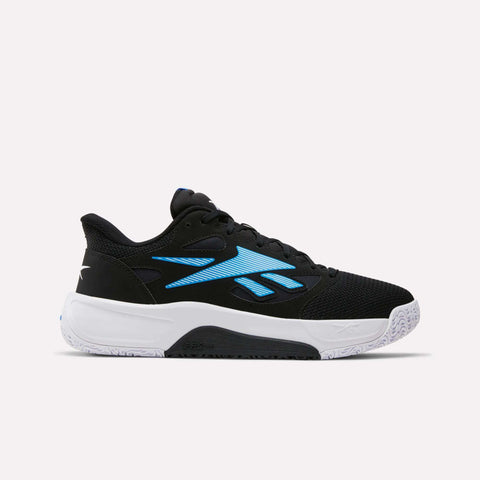 The Reebok Engine LT Shoes are black athletic sneakers with a blue side logo, black laces, and a thick white sole. Featuring a lightweight upper, they're shown against a plain light background.