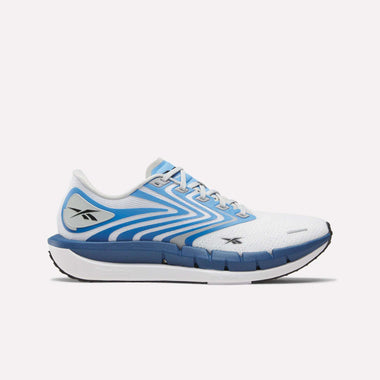 The Reebok Men's FloatZig Tread Running Shoes feature a white and blue design with a low profile, lace-up closure, black outsole, dual-density midsole, blue wave detail, and logo—perfect for treadmill workouts.