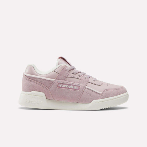The Reebok Workout Plus Shoes for little kids feature a pink design with white accents and a white sole, shown in side view against a light background—ideal for those wanting stylish, sporty comfort.