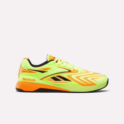 A side view of the Reebok Nano X5 Edge Training Shoes in bright yellow and orange with black and orange details, featuring a lightning-style pattern, Flexweave mesh upper, and black sole on a white background.