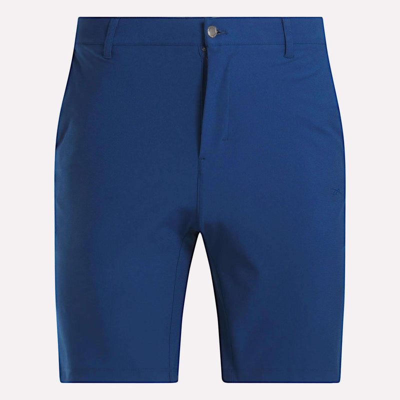 The Reebok Men's The Favorite Golf Shorts - 9" Inseam are blue golf shorts with belt loops, button and zipper closure, side pockets, and sweat-wicking four-way stretch fabric, shown on a plain white background.