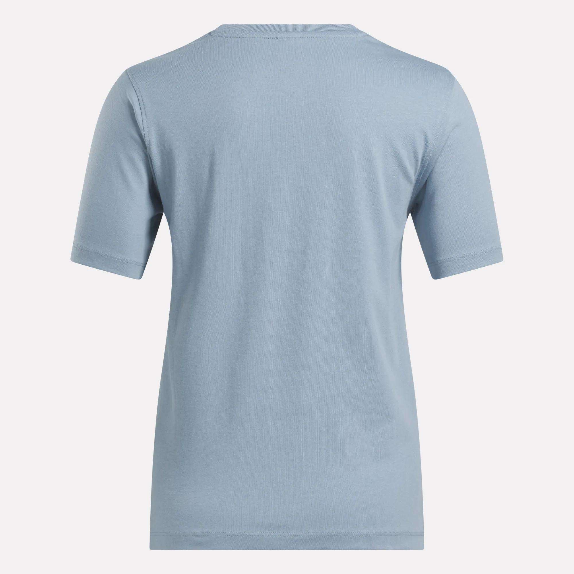 Shown from the back, the Reebok Women's Big Logo Crewneck Short Sleeve Tee in light blue features a plain, soft cotton jersey design with no visible logos, patterns, or graphics.