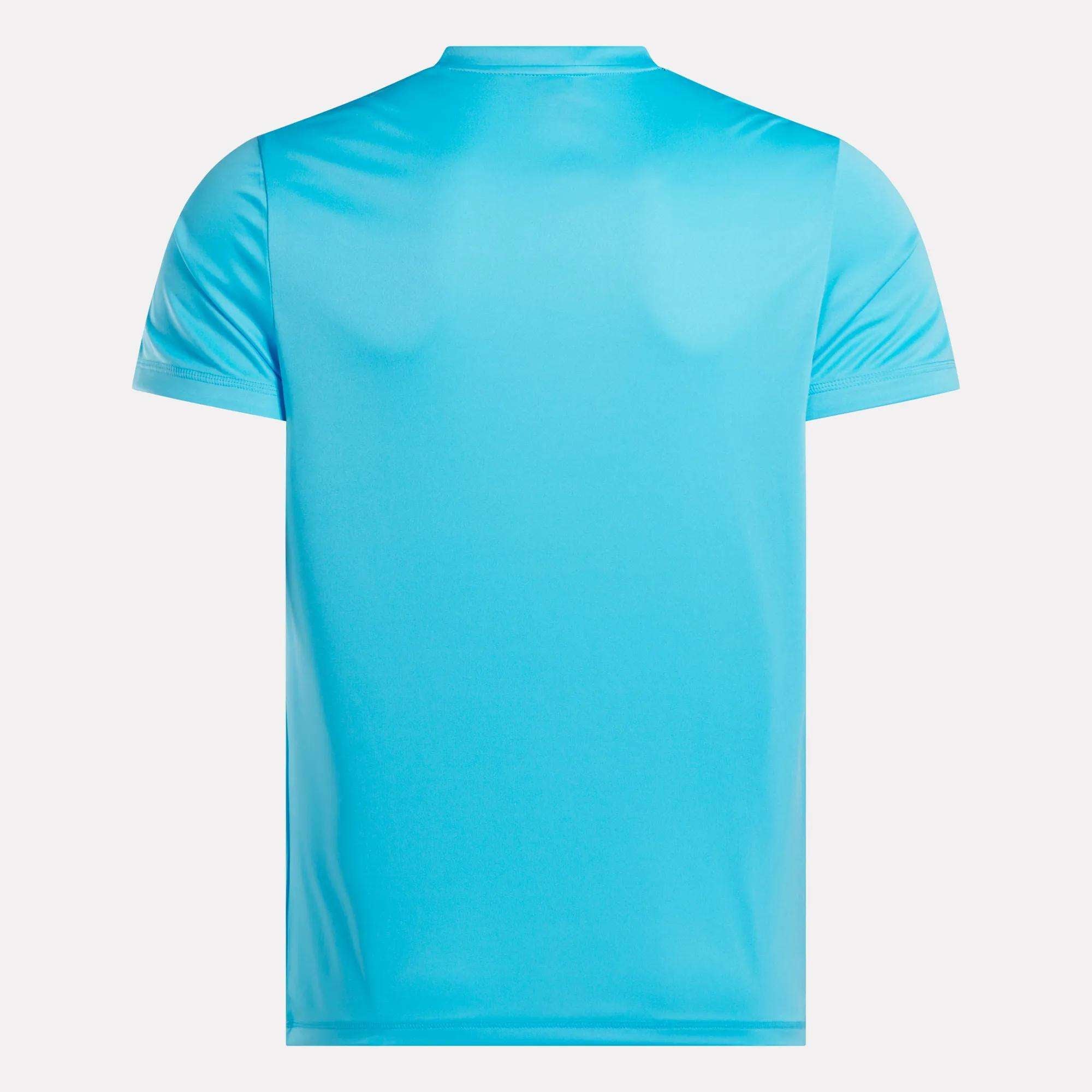 The Reebok Men's ID Train Short Sleeve Tech Tee in plain light blue is shown from the back against a white background.