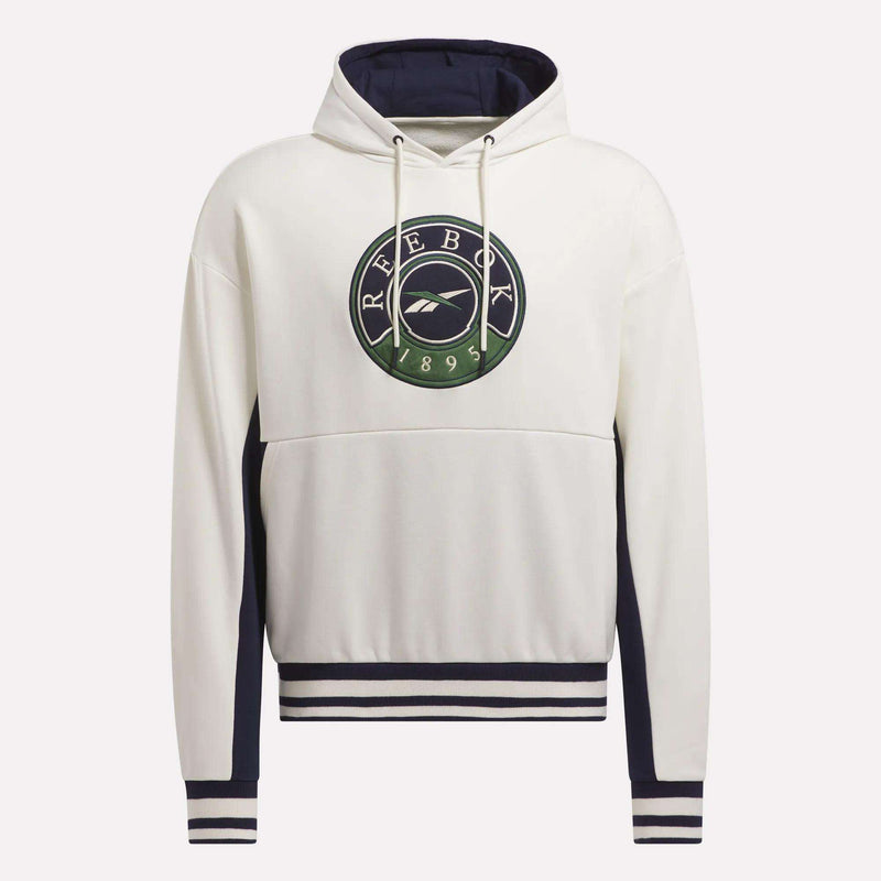 The Reebok Men's Lawn Club French Terry Hoodie features a green and navy circular logo on the chest, navy side panels, front pocket, striped ribbed cuffs and hem, white drawstrings at the hood, and is made from a cotton blend.