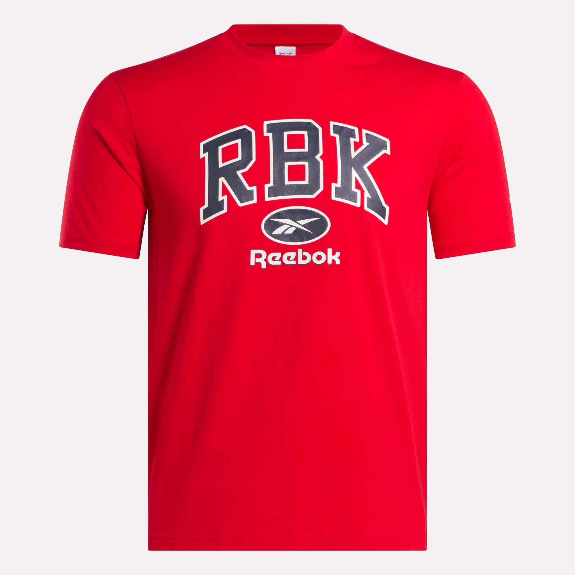 The Men's Collegiate T-Shirt by Reebok features bold black and white RBK text and logo on bright red—ideal for casual wear.