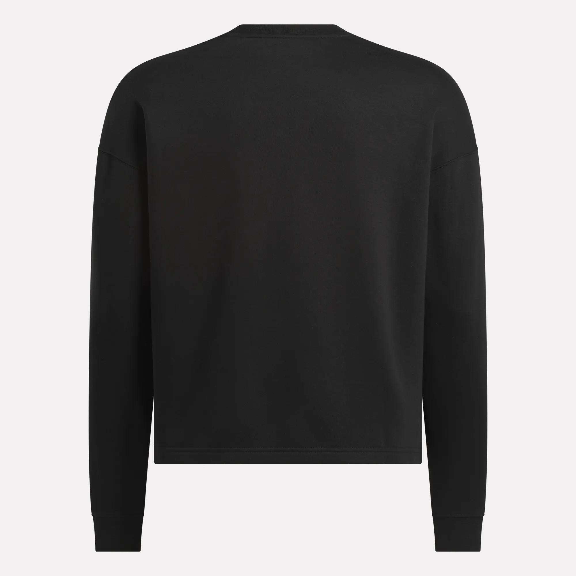 The Men's Wardrobe Essentials Sweatshirt by Reebok is shown from the back in black. This relaxed-fit, crew-neck style is made from soft cotton-blend fleece, with no visible logos, patterns, or fastenings.