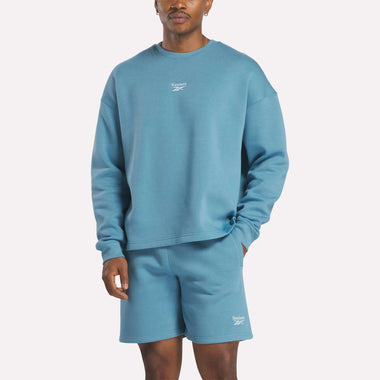 Wearing a Men's Wardrobe Essentials Sweatshirt and matching blue cotton-blend fleece shorts, both featuring the Reebok logo, a person stands against a plain white background.