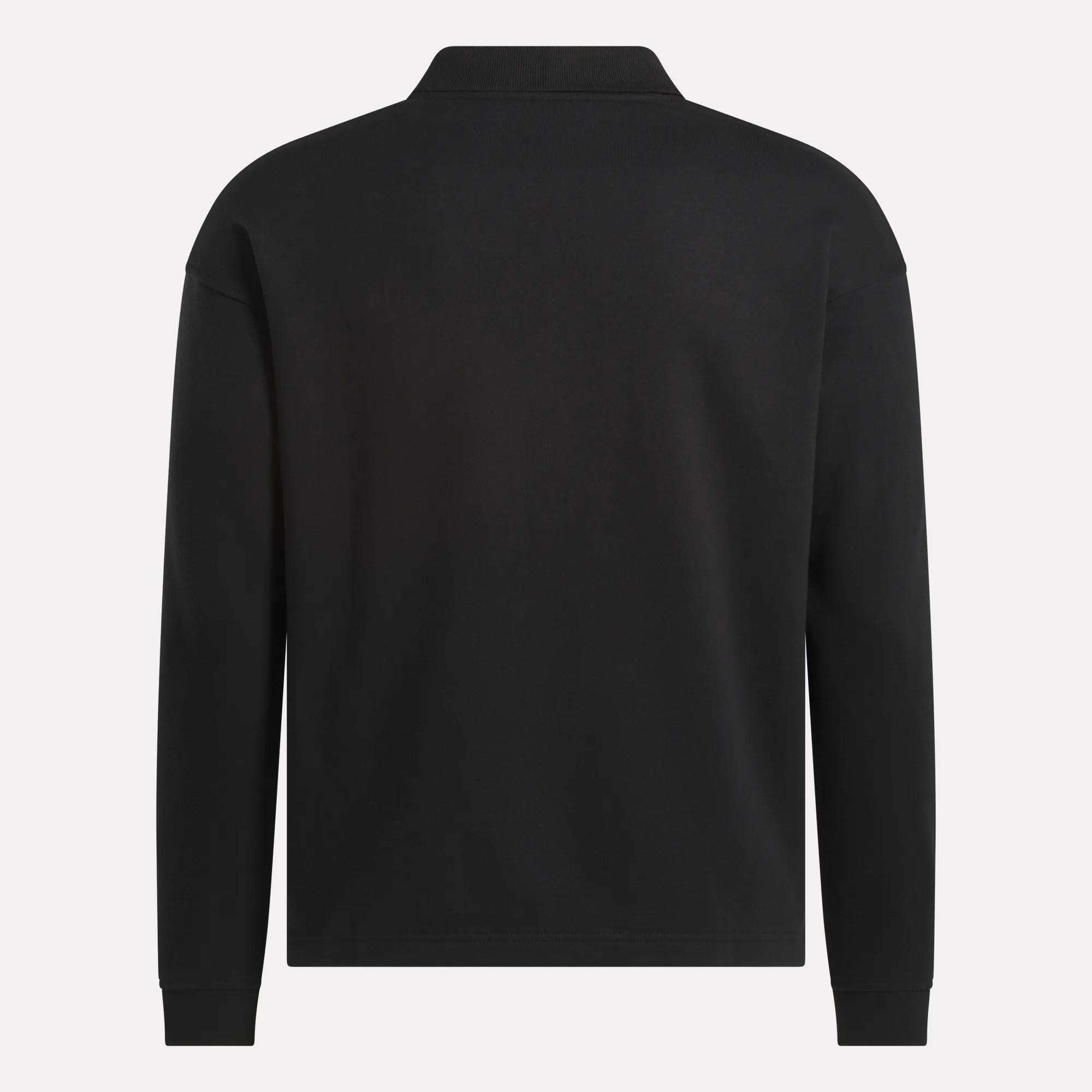 The Reebok Men's Wardrobe Essentials Long Sleeve Polo Shirt in black, shown from the back on a plain white background, features a collared, cotton-blend design with a relaxed fit for stylish all-day comfort.