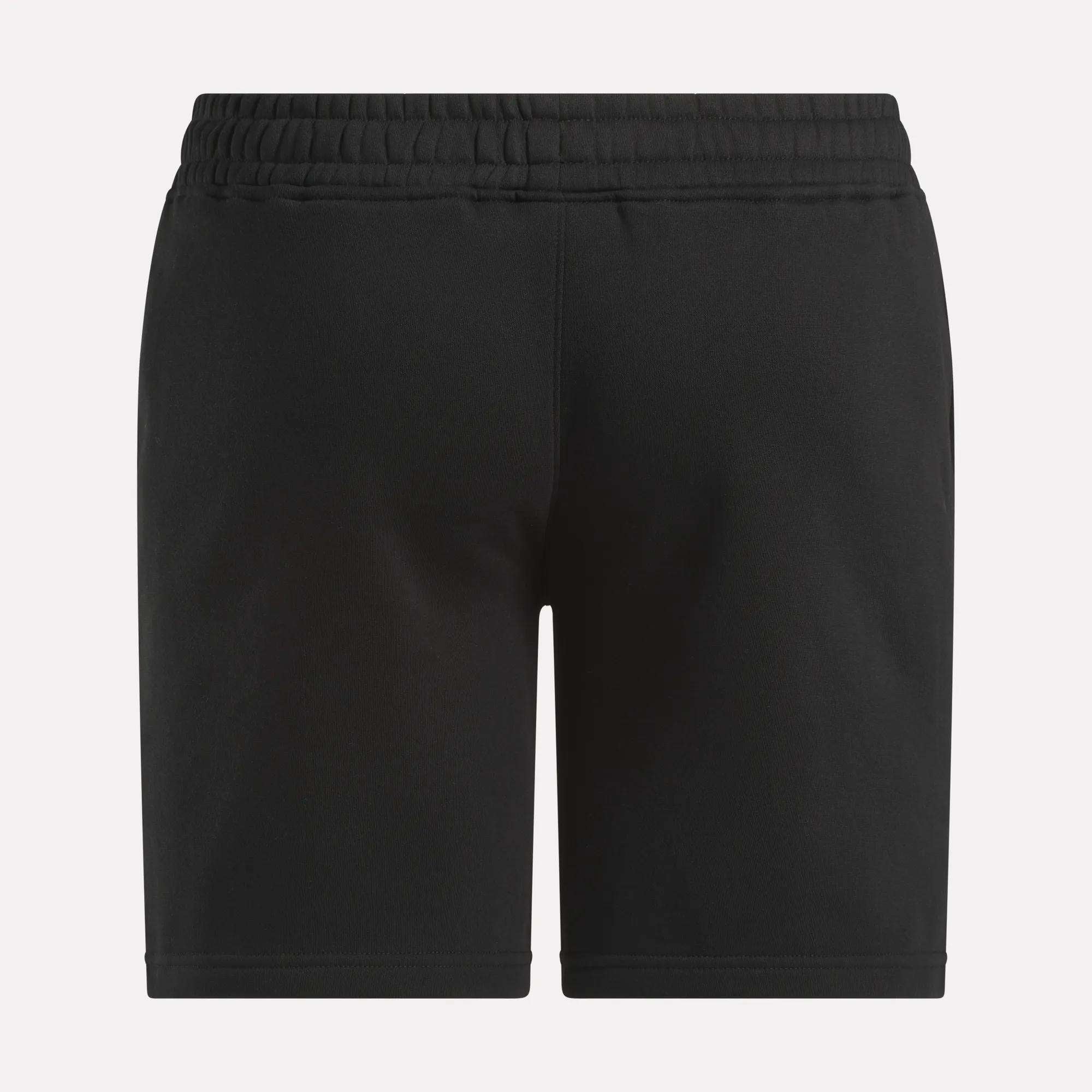 Reebok Men's Wardrobe Essentials Shorts shown from the back against a plain light background. These black athletic shorts have a relaxed fit, elastic waistband, and smooth fabric with no visible logos, pockets, or patterns.