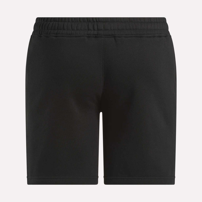 Reebok Men's Wardrobe Essentials Shorts shown from the back against a plain light background. These black athletic shorts have a relaxed fit, elastic waistband, and smooth fabric with no visible logos, pockets, or patterns.
