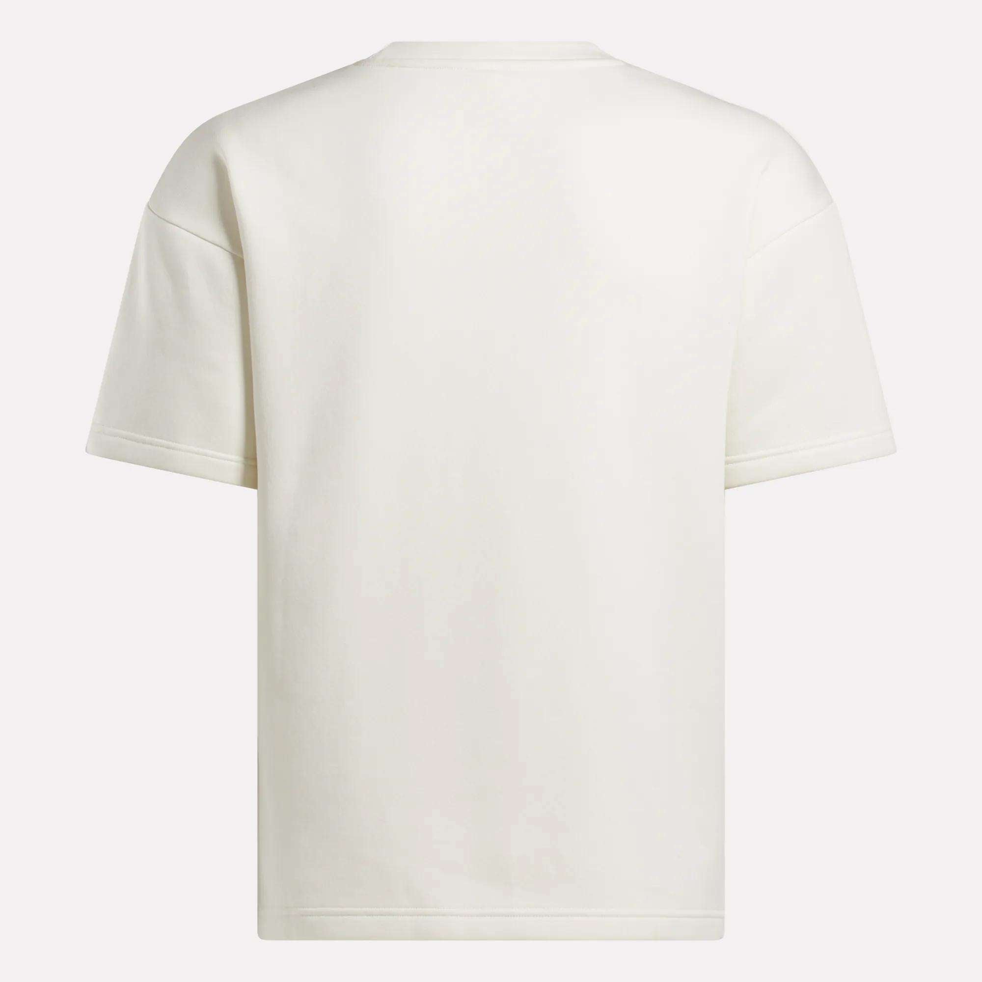 The Reebok Men's Wardrobe Essentials T-Shirt is a relaxed fit white crewneck tee, shown from the back against a light background.