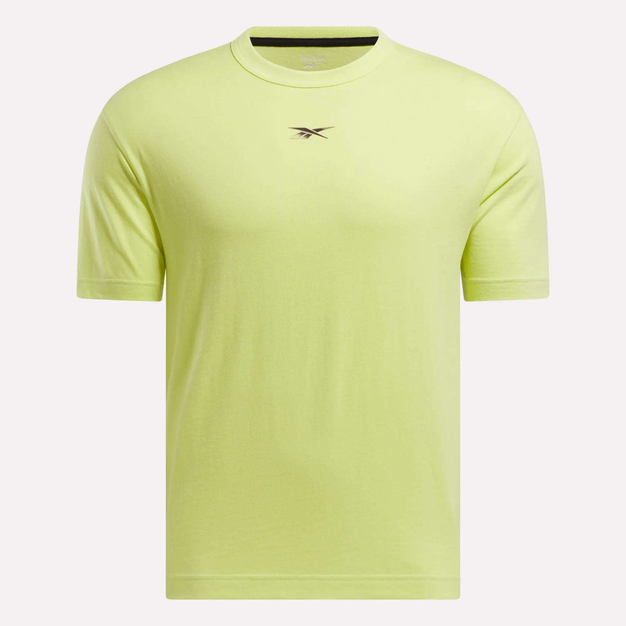 The Reebok Men's Athlete Speed Logo T-Shirt in light yellow cotton-blend jersey features a small black chest logo and is shown against a plain white background.