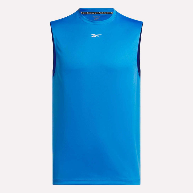 The Reebok Men's Sleeveless Tech Training T-Shirt in bright blue features lightweight polyester jersey and a small white Reebok logo on the chest, shown against a plain background.