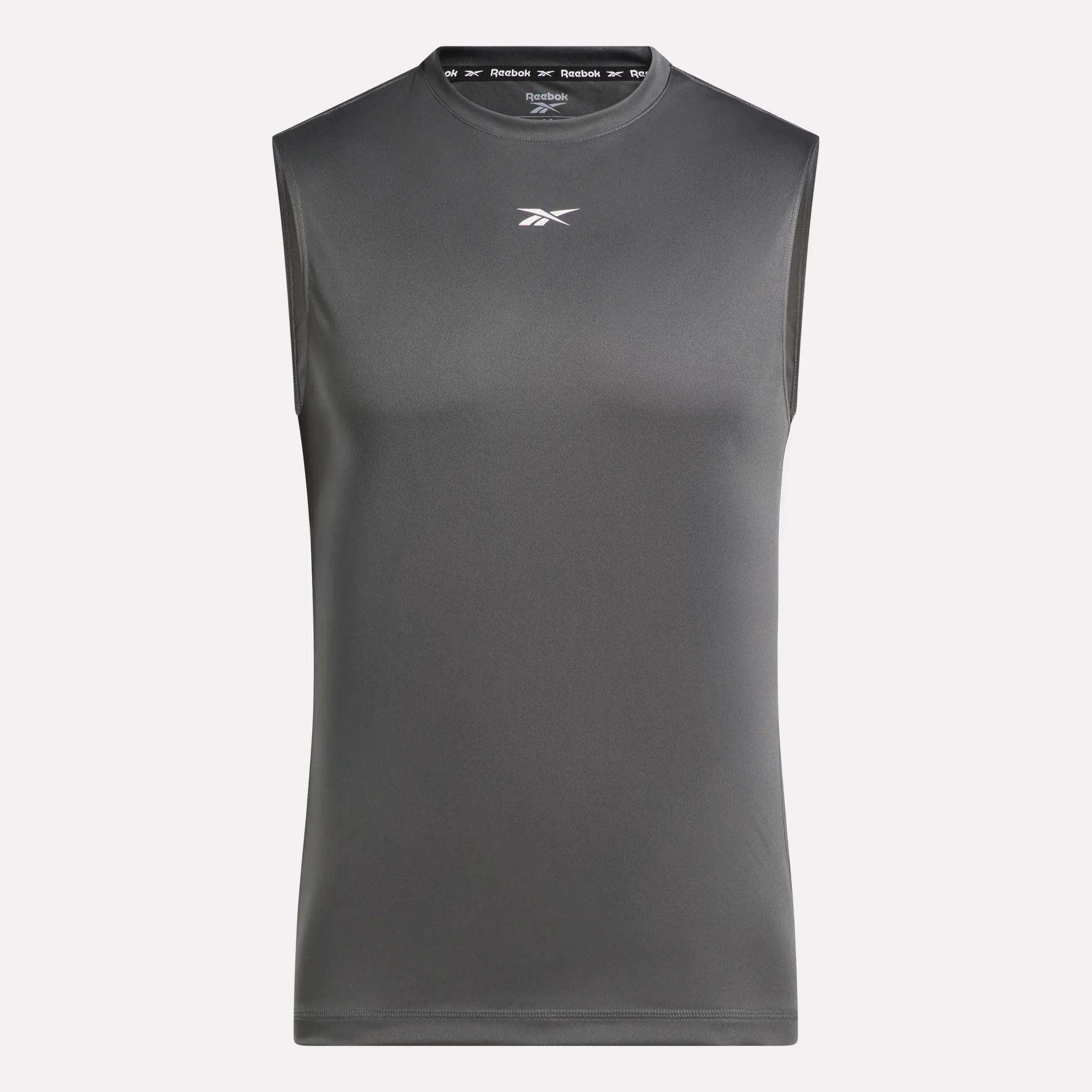 The Reebok Men's Sleeveless Tech Training T-Shirt in dark gray is made from lightweight polyester jersey, featuring the Reebok logo on the chest and neckline, shown against a plain white background.