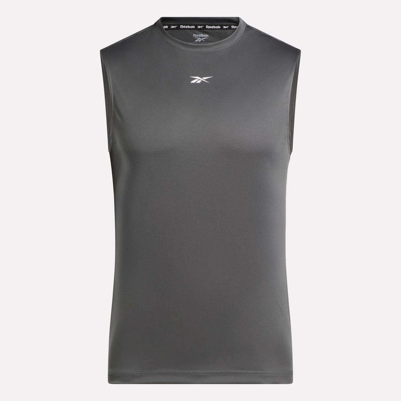 The Reebok Men's Sleeveless Tech Training T-Shirt is a dark gray, lightweight polyester athletic shirt with a small white Reebok logo on the chest, displayed against a plain light background.