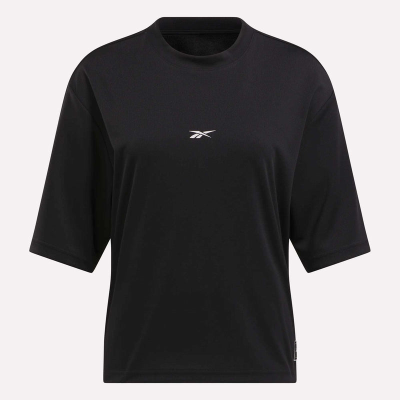 A plain black Reebok Women's Basketball Mesh T-Shirt with short sleeves and a small white logo on the chest, displayed on a light background.
