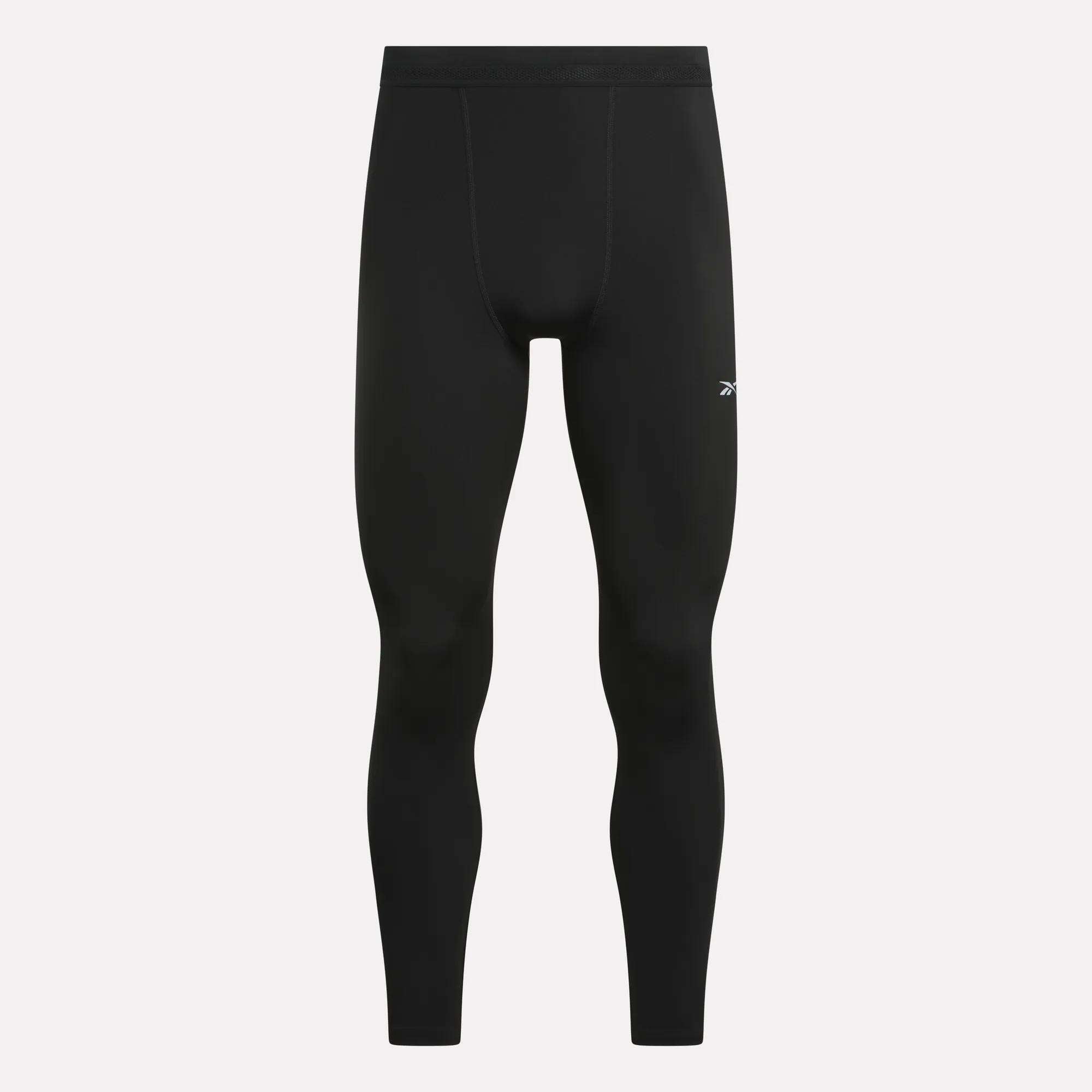 Men’s Athlete Speed Running Tights by Reebok in black, featuring RBK-DRY tech, a fitted design, and a small white logo on the left thigh, shown against a plain light background.