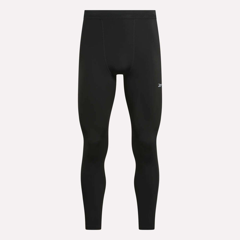 Men’s Athlete Speed Running Tights by Reebok in black, featuring RBK-DRY tech, a fitted design, and a small white logo on the left thigh, shown against a plain light background.