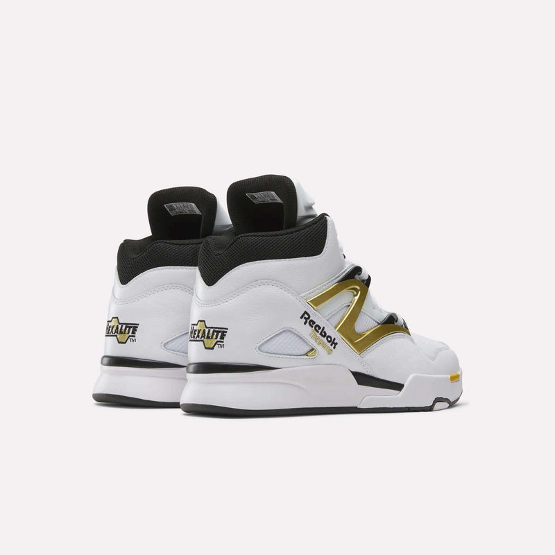 The Reebok Pump Omni Zone II Shoes are white leather basketball sneakers with black soles, gold and black accents, and Pump technology, shown from the back and side on a plain white background.