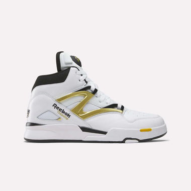 The Reebok Pump Omni Zone II Shoes are white high-tops with black, gold, and yellow accents, a black sole, gold side panel, and the Reebok logo near the heel. Shown in side profile on a plain background.