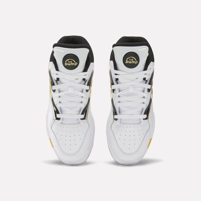 A pair of Reebok Pump Omni Zone II Shoes in white leather with black and yellow accents, shown from above. Featuring circular tongue labels, white laces, and perforated toe boxes for a classic retro basketball look.