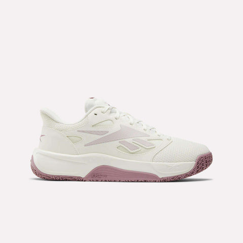 The Reebok Engine LT Shoes feature a lightweight white mesh upper, light pink accents, and a pink patterned sole, shown in side profile against a plain white background.