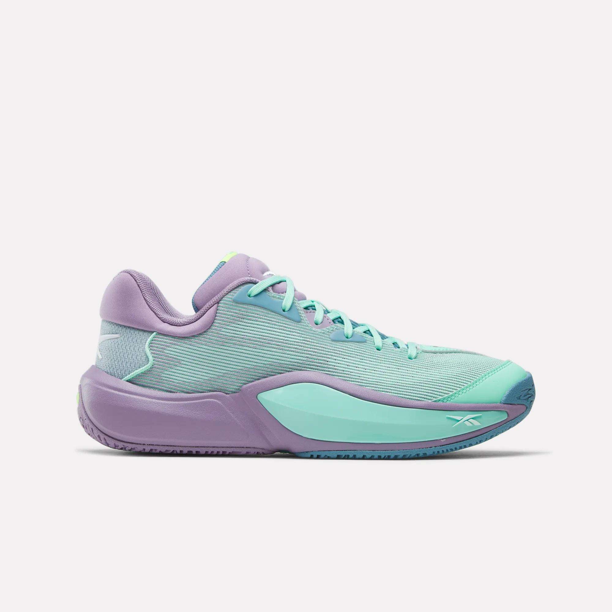 The Reebok Engine A 26 Basketball Shoes feature a mint green mesh upper, turquoise sole, and light purple accents on the heel, tongue, and midsole for style, stability, and energy return—shown from the side on a white background.