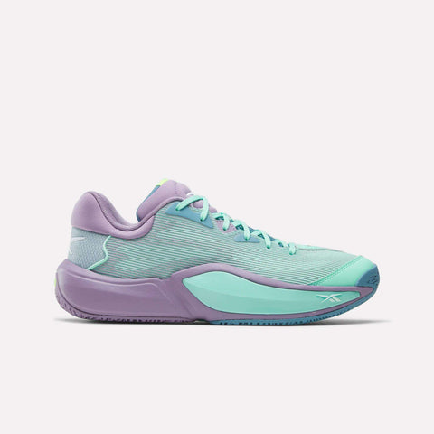 The Reebok Engine A 26 Basketball Shoes feature a mint green mesh upper, turquoise sole, and light purple accents on the heel, tongue, and midsole for style, stability, and energy return—shown from the side on a white background.