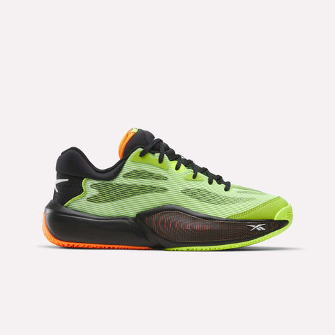 The Reebok Engine A 26 Basketball Shoes feature a bright green mesh upper, black laces, neon orange heel, and a black sole with orange accents. The Reebok logo appears near the heel and toe for stylish stability.