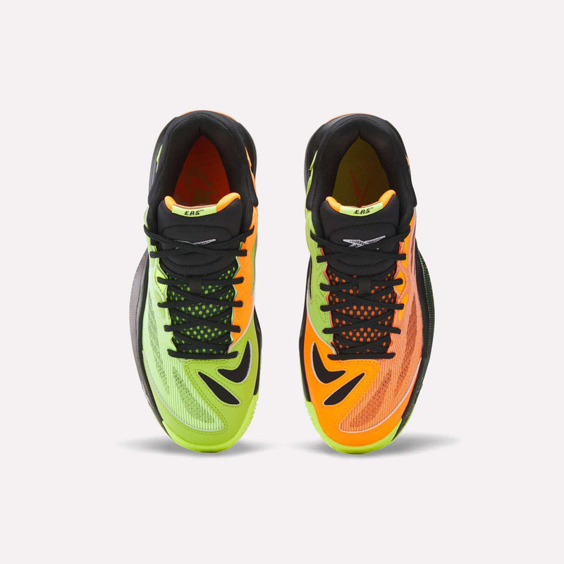 The Reebok Engine A 26 Basketball Shoes feature a lime green left shoe and a bright orange right shoe, both with black accents, laces, interiors, and are designed for enhanced stability.