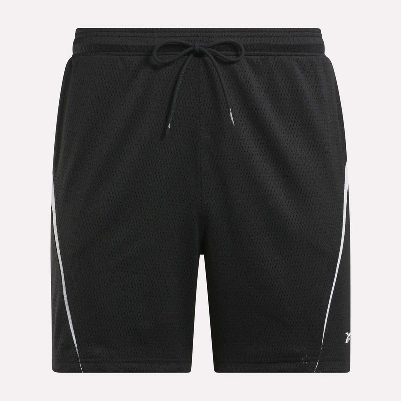 Reebok Mesh Shorts feature an elastic waistband, drawstring, and white diagonal side stripes. Made from lightweight, breathable mesh, they're perfect for sports or casual wear.